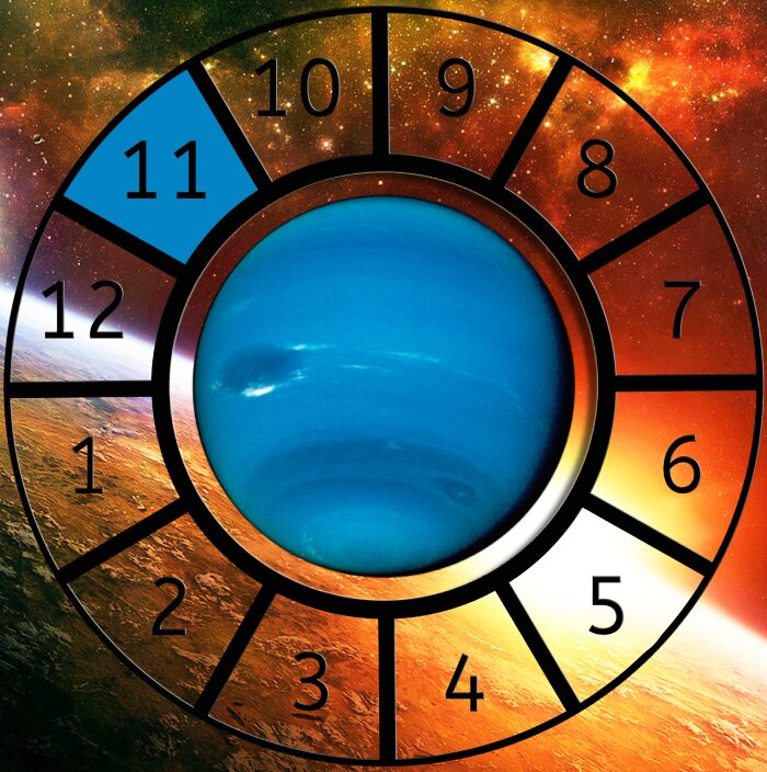 Neptune shown within a Astrological House wheel highlighting the 11th House